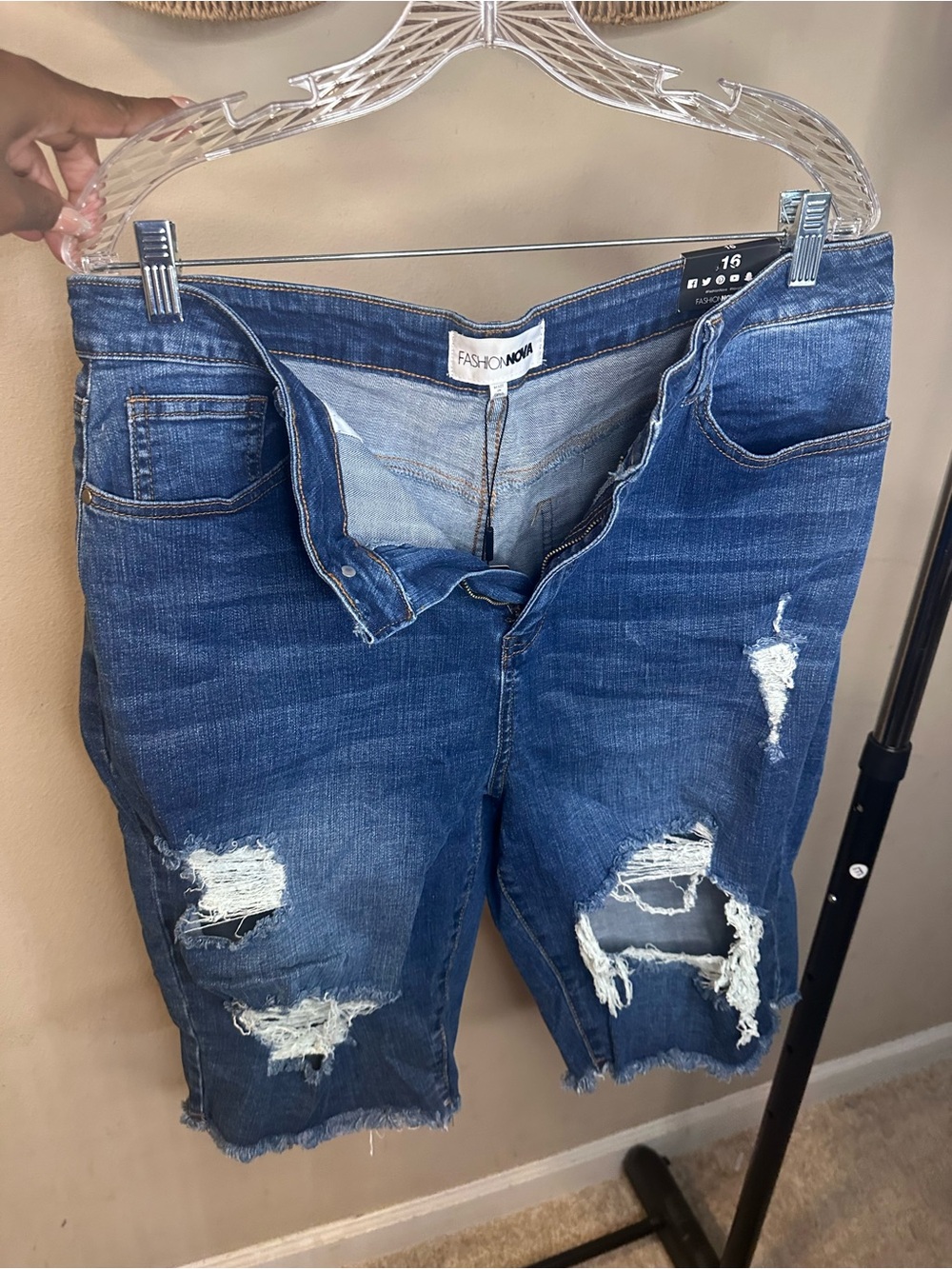 Fashion Nova Distressed Blue Denim Bermuda Shorts